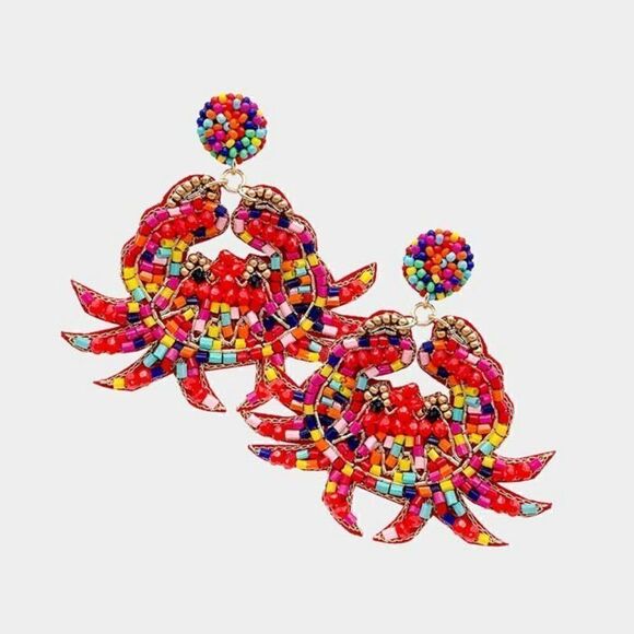 Crab Multi Color Seed Bead Dangle Earrings - Picture 1 of 6